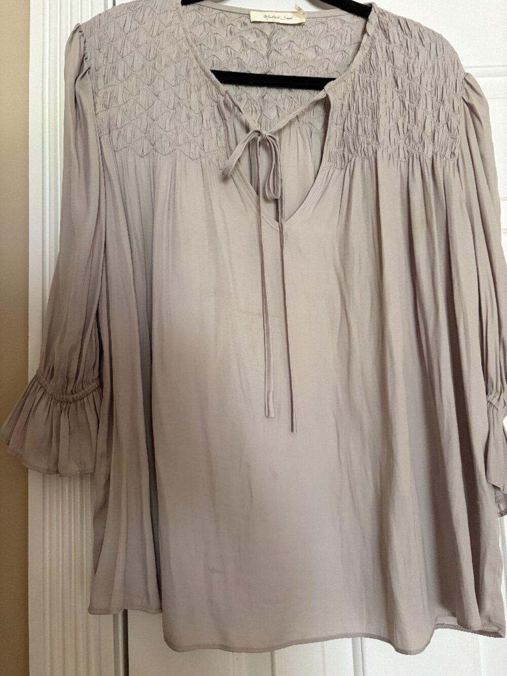 Mustard Seed Taupe Boho Smocked Peasant Blouse Top L